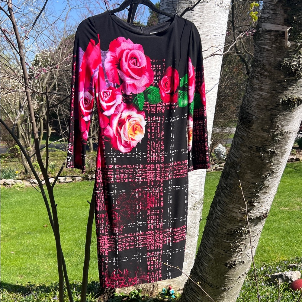 Joseph Ribkoff Black Long-Sleeve Dress with Bright Pink & Red Rose Print.